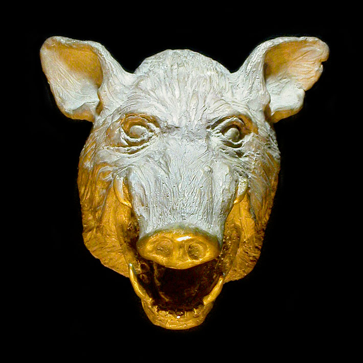 Sculpture of a boar's head cast in bronze