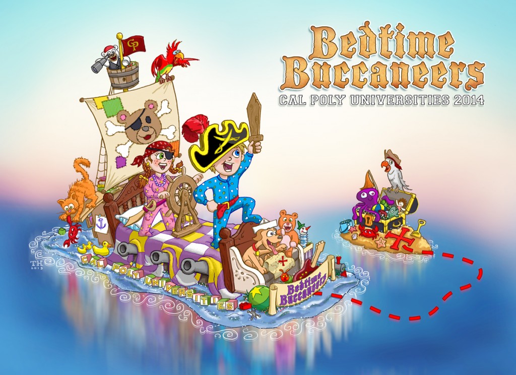 Digital illustration of a parade float featuring two children imagining themselves as pirates on a bed that looks like a pirate ship.