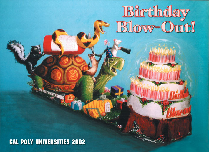 Illustration of a Rose Parade float showing several animals coming together to wish a tortoise happy birthday as he gets ready to blow out a giant candle-covered cake.