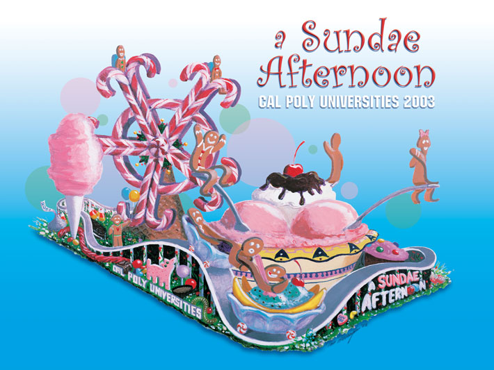 Illustration of a Rose Parade float with a fantasy carnival scene showing rides made of desserts ridden by gingerbread people.