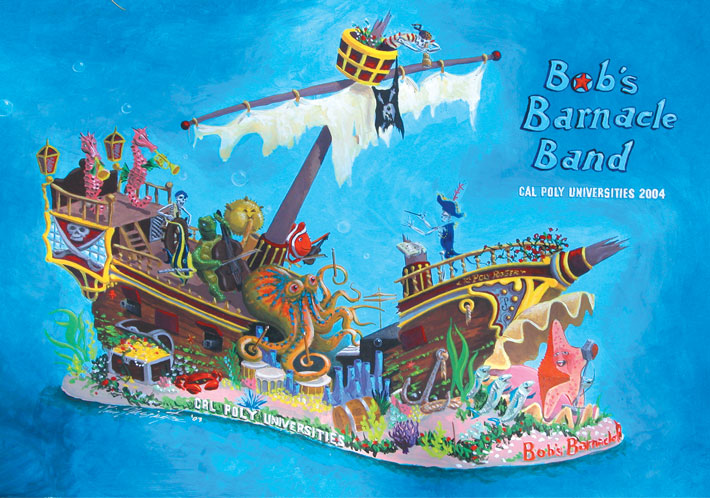 Illustration of a Rose Parade float featuing various sea creatures playing musical instruments on a sunken pirate ship.