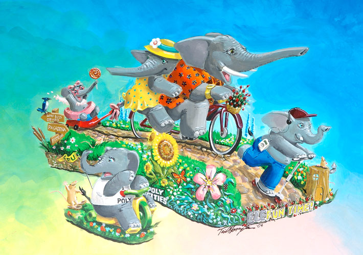 Illustration of a Rose Parade float with a family of elephants riding bicycles.