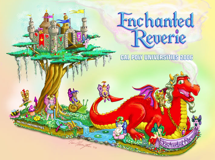 Illustration of a parade float with a friendly red dragon and a tree with a fantasy castle built into its branches.