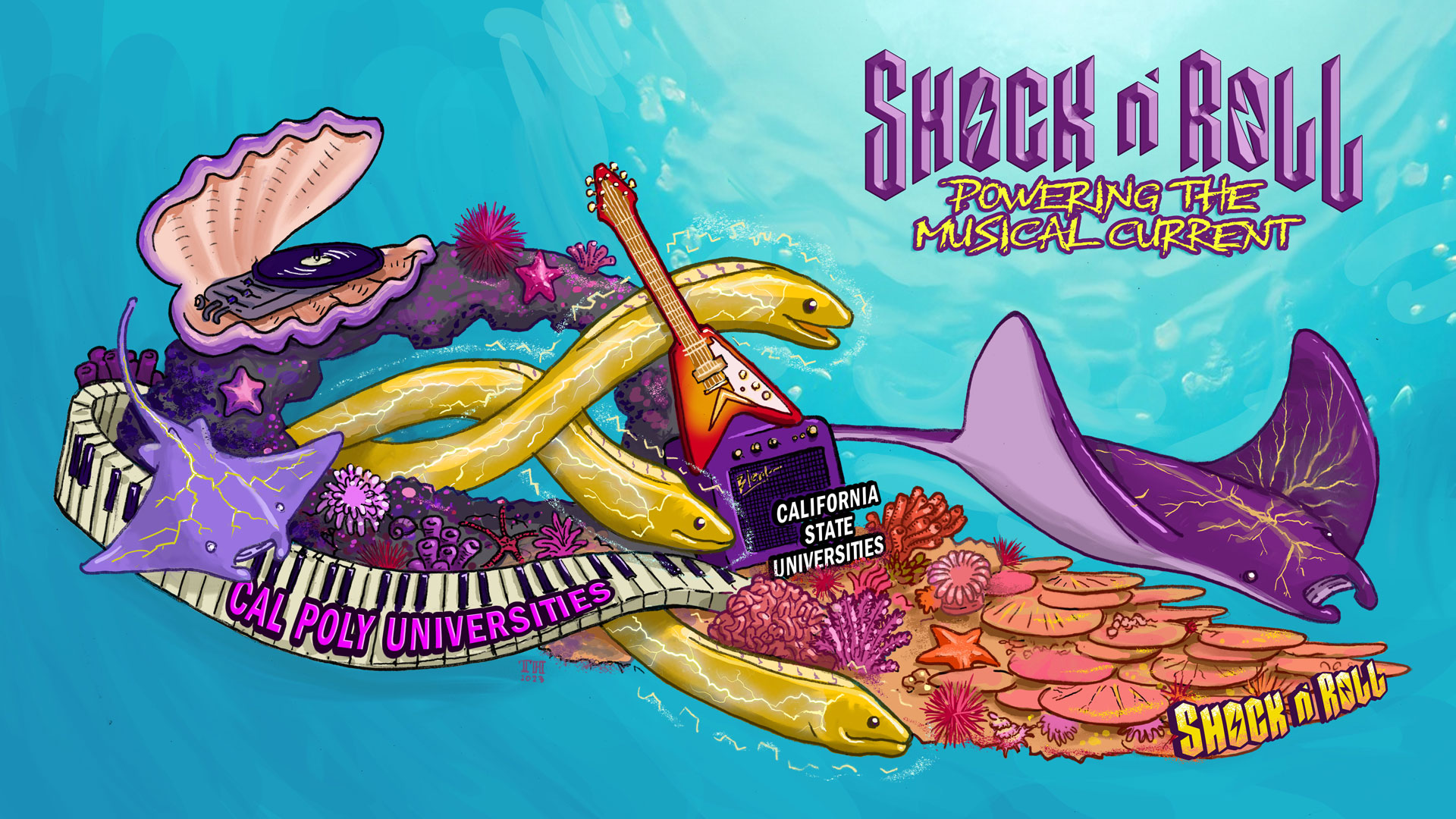 Digital illustration of Cal Poly Universities' 2024 Rose Float entry, "Shock and Roll: Powering the Musical Current"