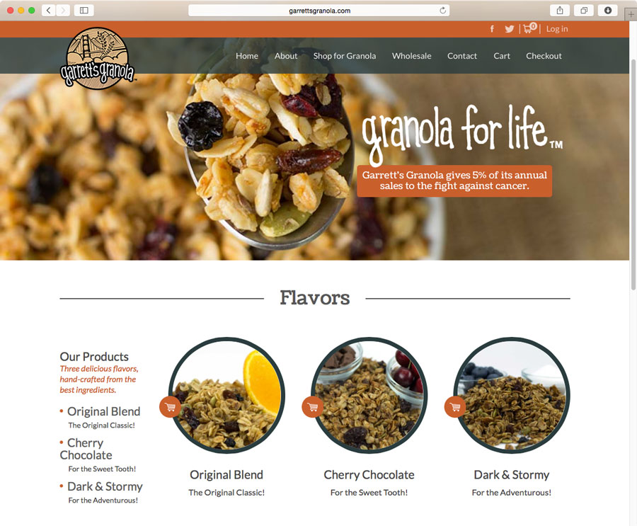 Screen capture of website created for Garrett's Granola