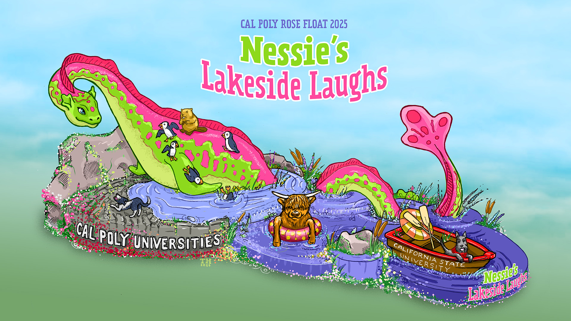 Digital illustration of Cal Poly Universities' 2025 Rose Float entry, "Nessie's Lakeside Laughs"